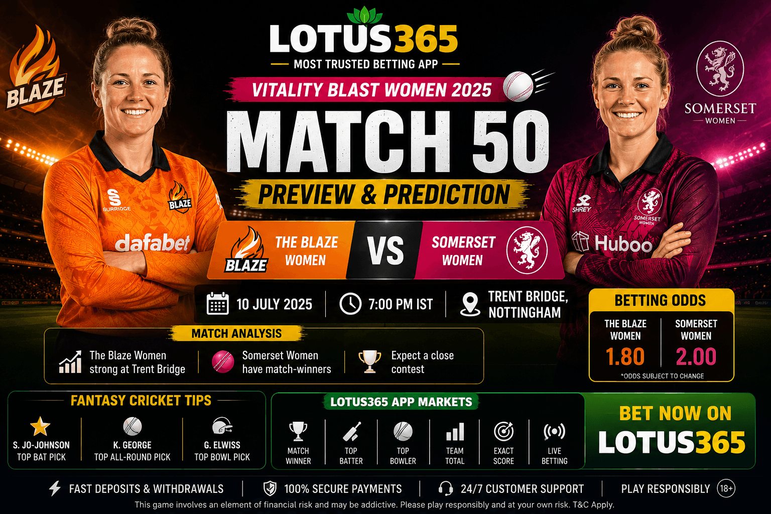 The Blaze Women vs Somerset Women Prediction: Match 50 Betting Odds