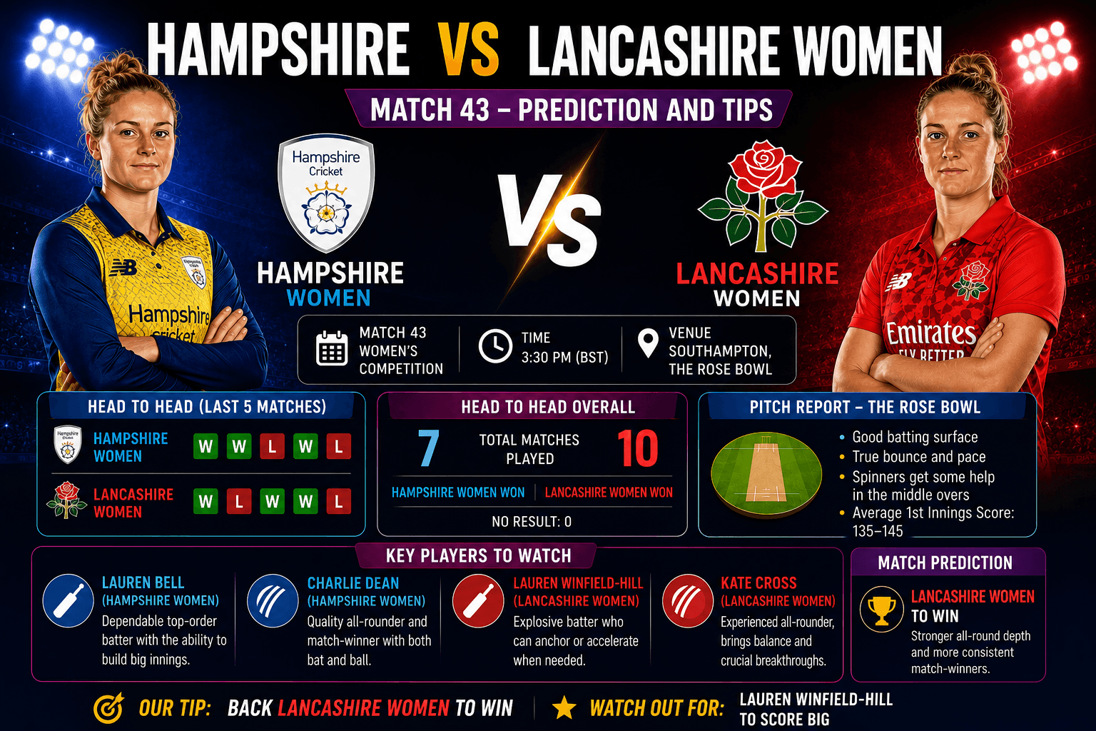 Hampshire vs Lancashire Women Match 43 Prediction and Tips